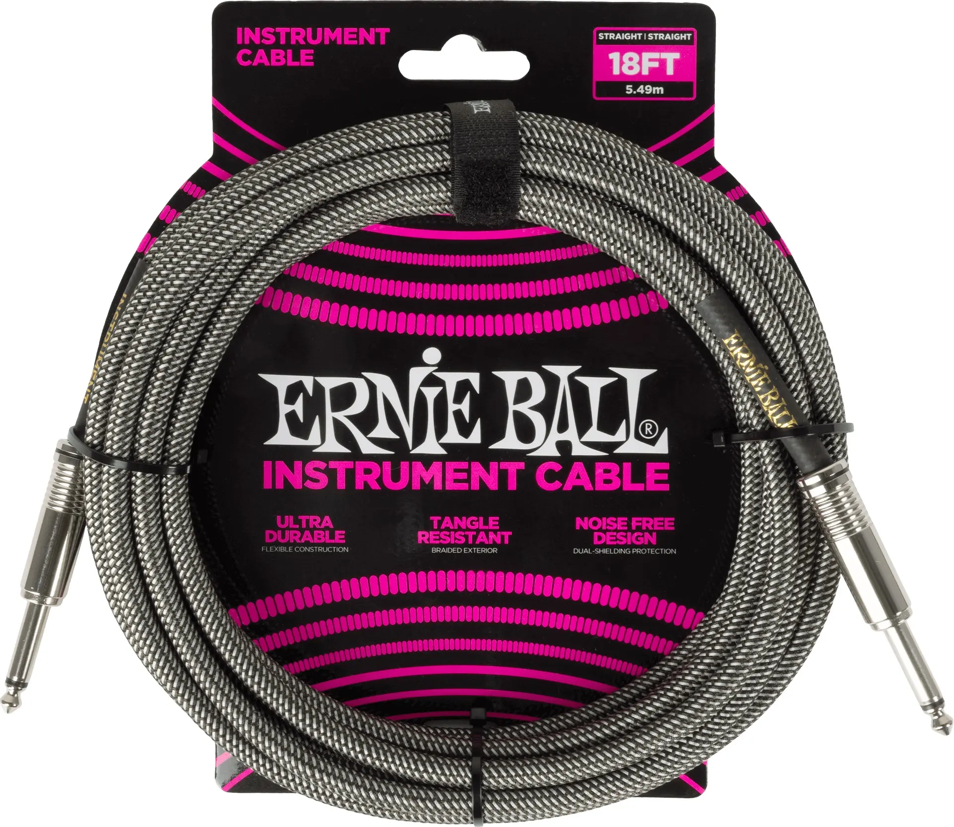 Ernie Ball Braided Instrument Cable Straight/Straight 18ft Silver Fox