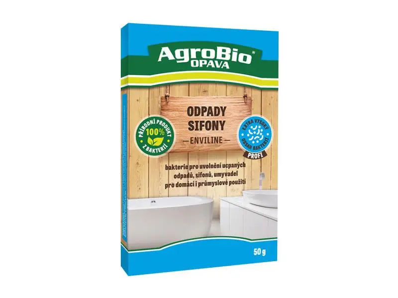 Přípravek k uvolnění ucpaného odpadního potrubí a sifonů AGROBIO Enviline 50g - expirace 11. 8. 2026