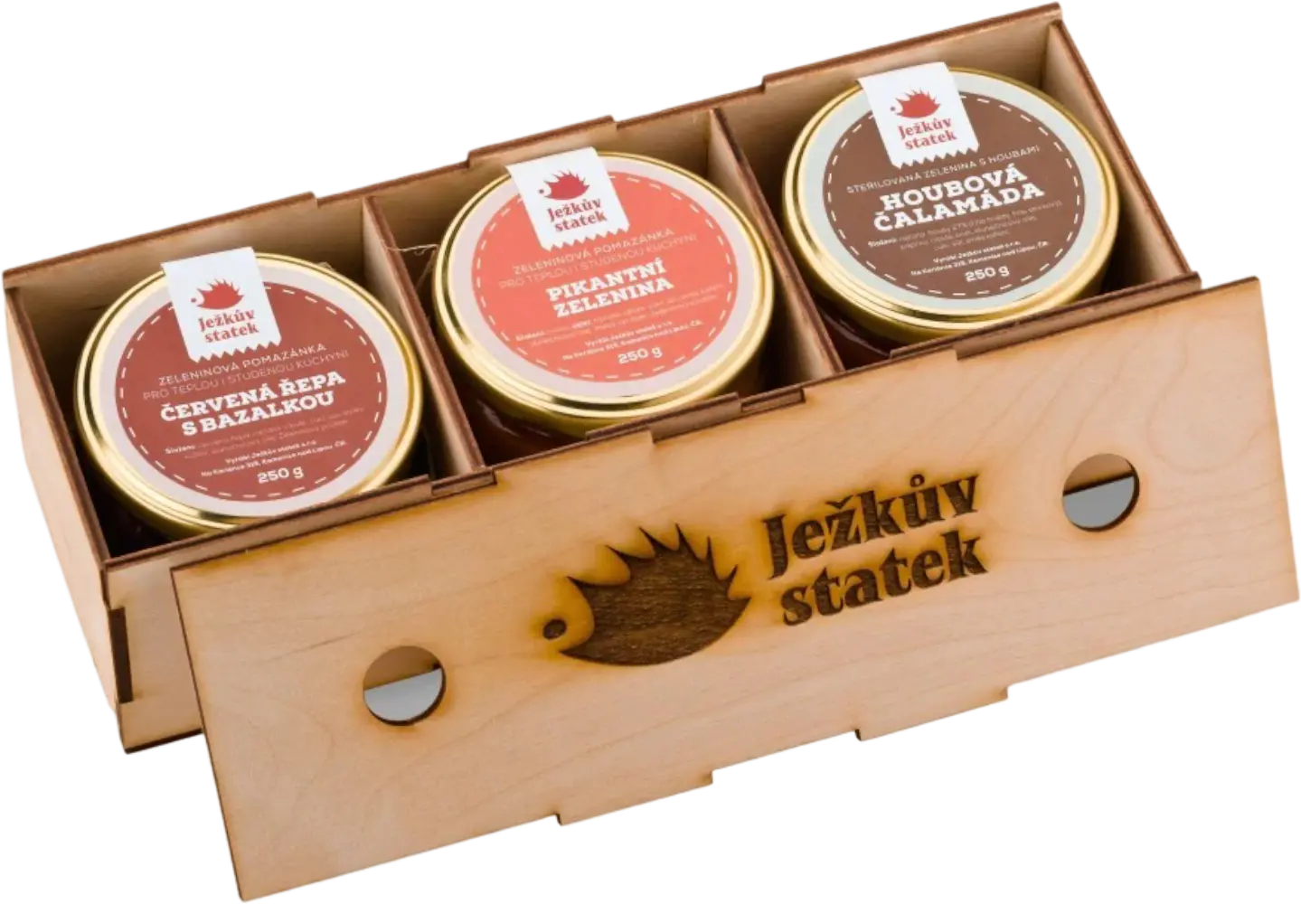 Ježkův statek Dřevěná krabička se 3 zeleninovými pomazánkami Ježkův statek 250g + Dárkové balení