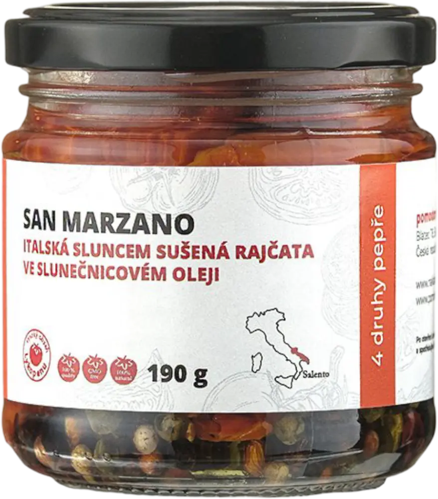 Pomodoro moravia Sušená rajčata ve slunečnicovém oleji se 4 druhy pepře Pomodoro moravia 190g