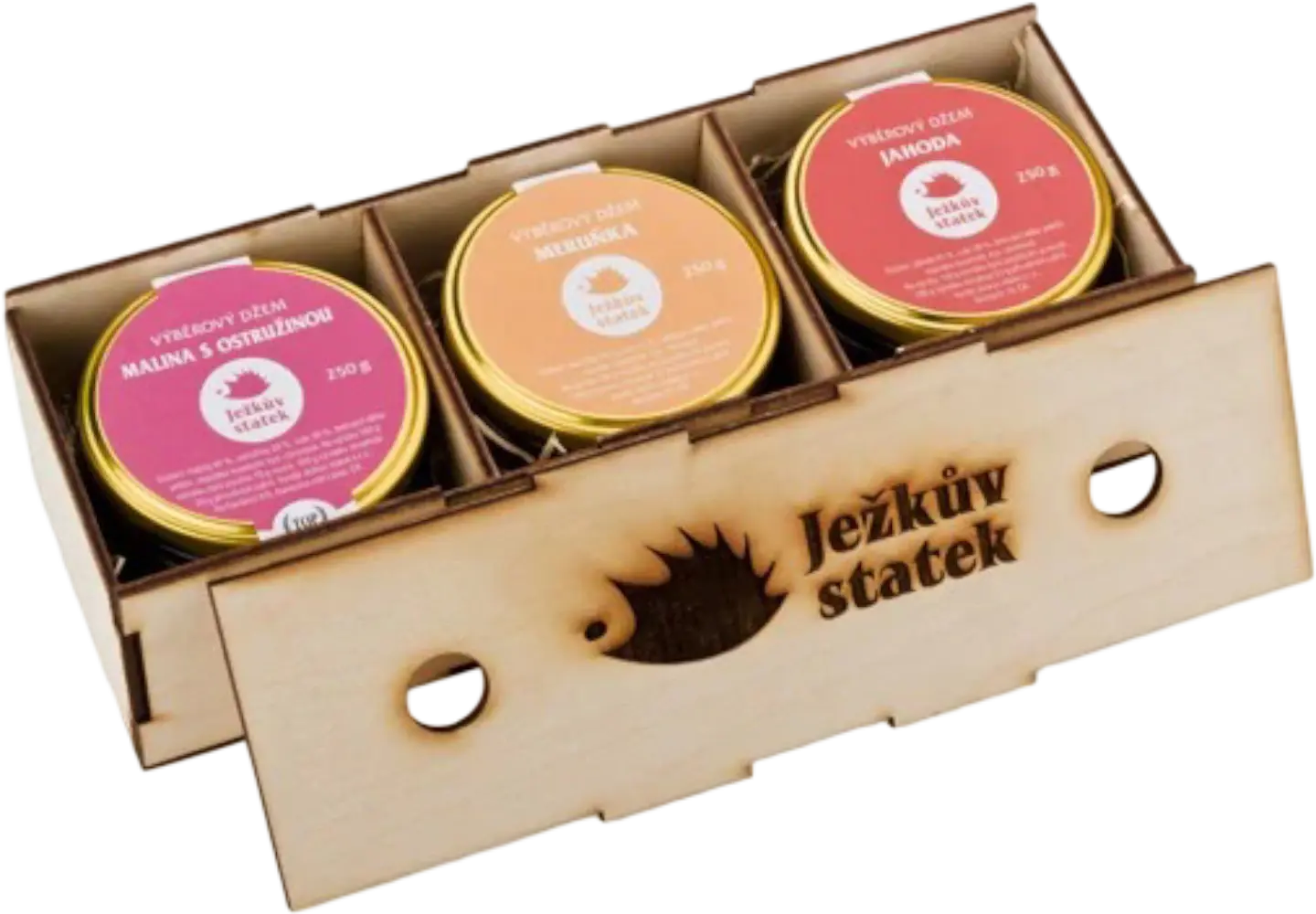 Ježkův statek Dřevěná krabička se 3 džemy Ježkův statek 250g + Dárkové Balení