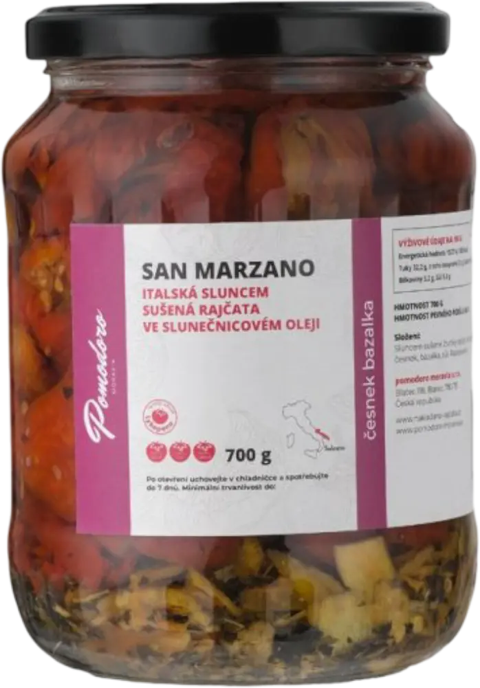 Pomodoro moravia Sušená rajčata ve slunečnicovém oleji s česnekem a bazalkou Pomodoro moravia 700g