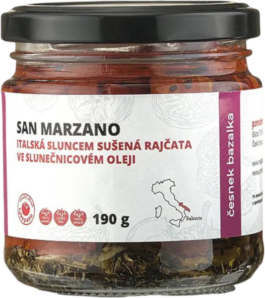 Pomodoro moravia Sušená rajčata ve slunečnicovém oleji s česnekem a bazalkou Pomodoro moravia 190g