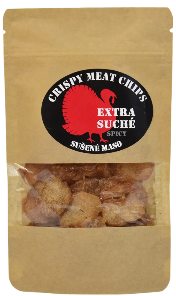 Crispy meat chips Sušené maso krůtí Spicy Crispy Meat Chips - extra suché 25g