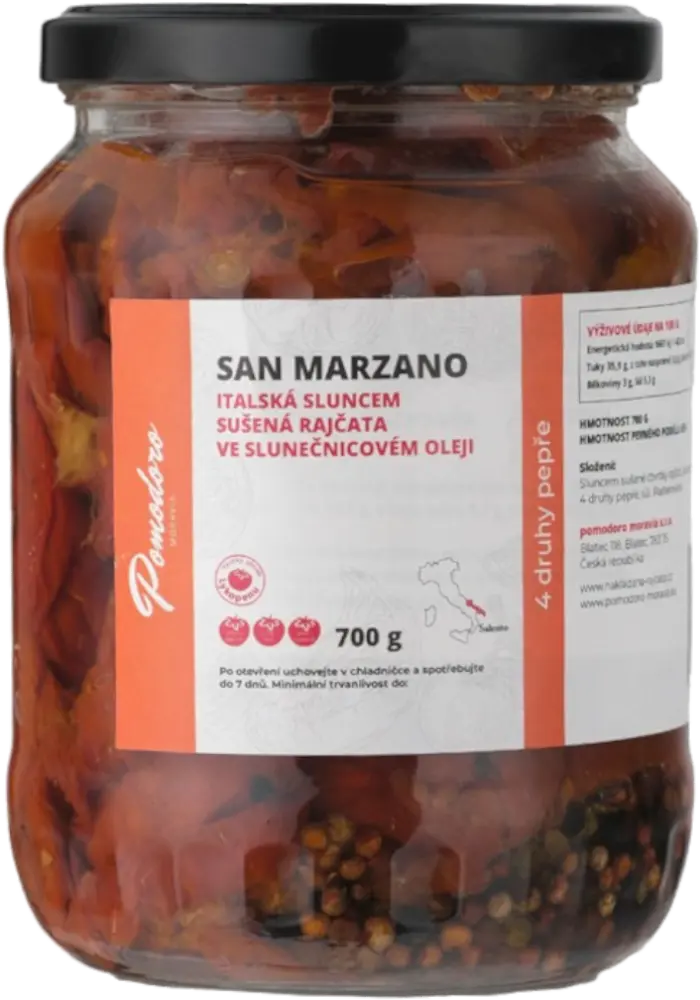 Pomodoro moravia Sušená rajčata ve slunečnicovém oleji se 4 druhy pepře Pomodoro moravia 700g
