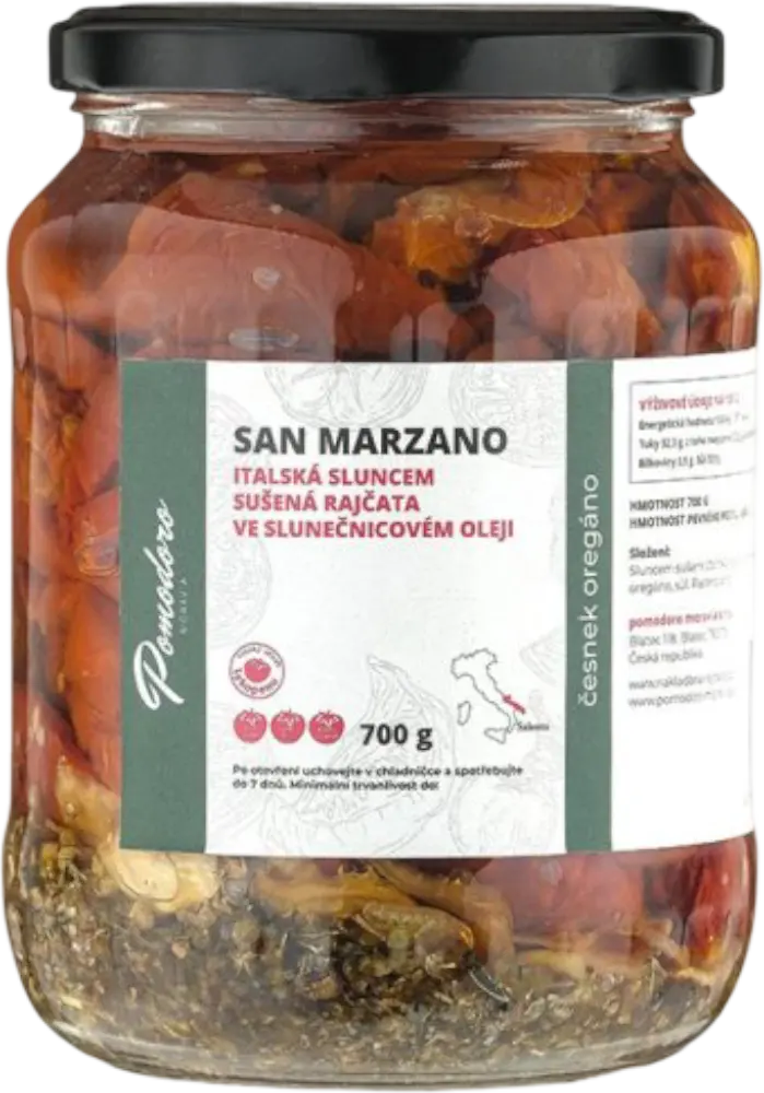 Pomodoro moravia Sušená rajčata ve slunečnicovém oleji s česnekem a oregánem Pomodoro moravia 700g