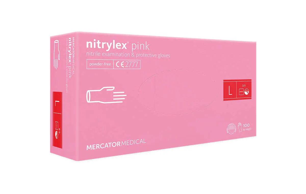 Mercator Medical Nitrylex PINK Nitrile Examination & Protective Gloves - jednorázové nitrilové rukavice bezpudrové růžové, 100 ks VÝPRODEJ: EXP. 01/2026 L-Large