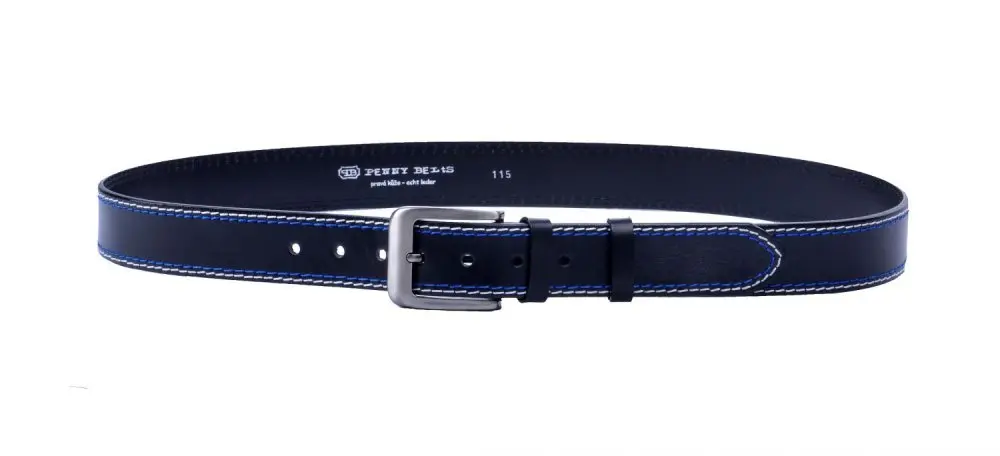 Pánský kožený opasek 02-2-B-M-60 černý  prošívání  bílá + modrá velikost 110 cm 110 cm