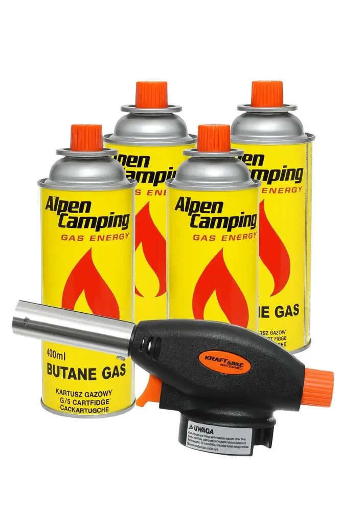 Plynové kartuše Alpen Camping s hořákem KD10381, 4× 400 ml