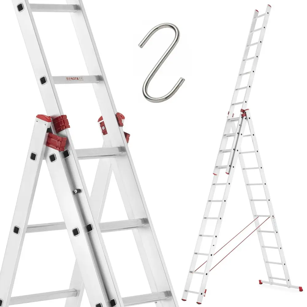 Univerzální hliníkový žebřík HIGHER I-6611, 3 × 11 příček, pracovní výška 755 cm