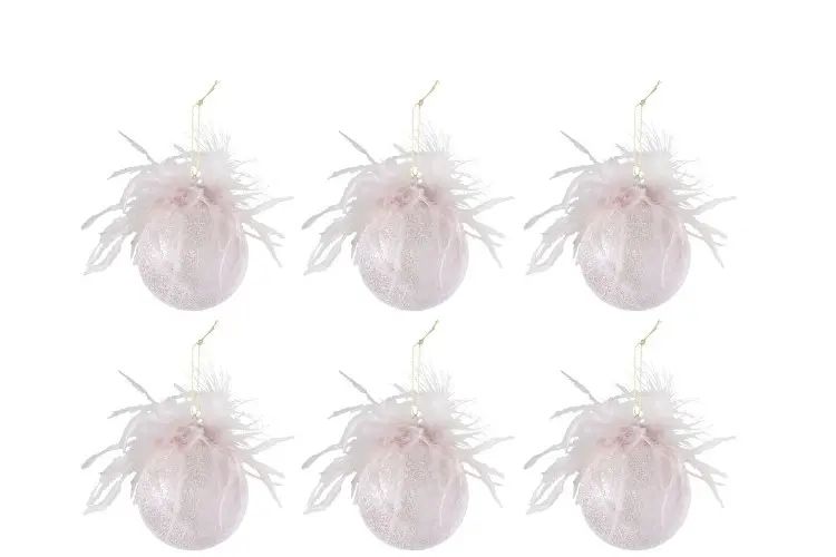 Růžové ozdoby s peříčky - 6ks - Ø 8 cm J-Line by Jolipa