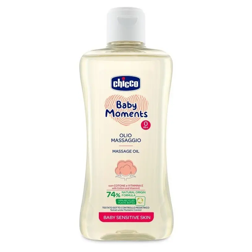 CHICCO Olej masážní s bavlnou a vitamínem E Baby Moments Sensitive 74 % přírodních složek