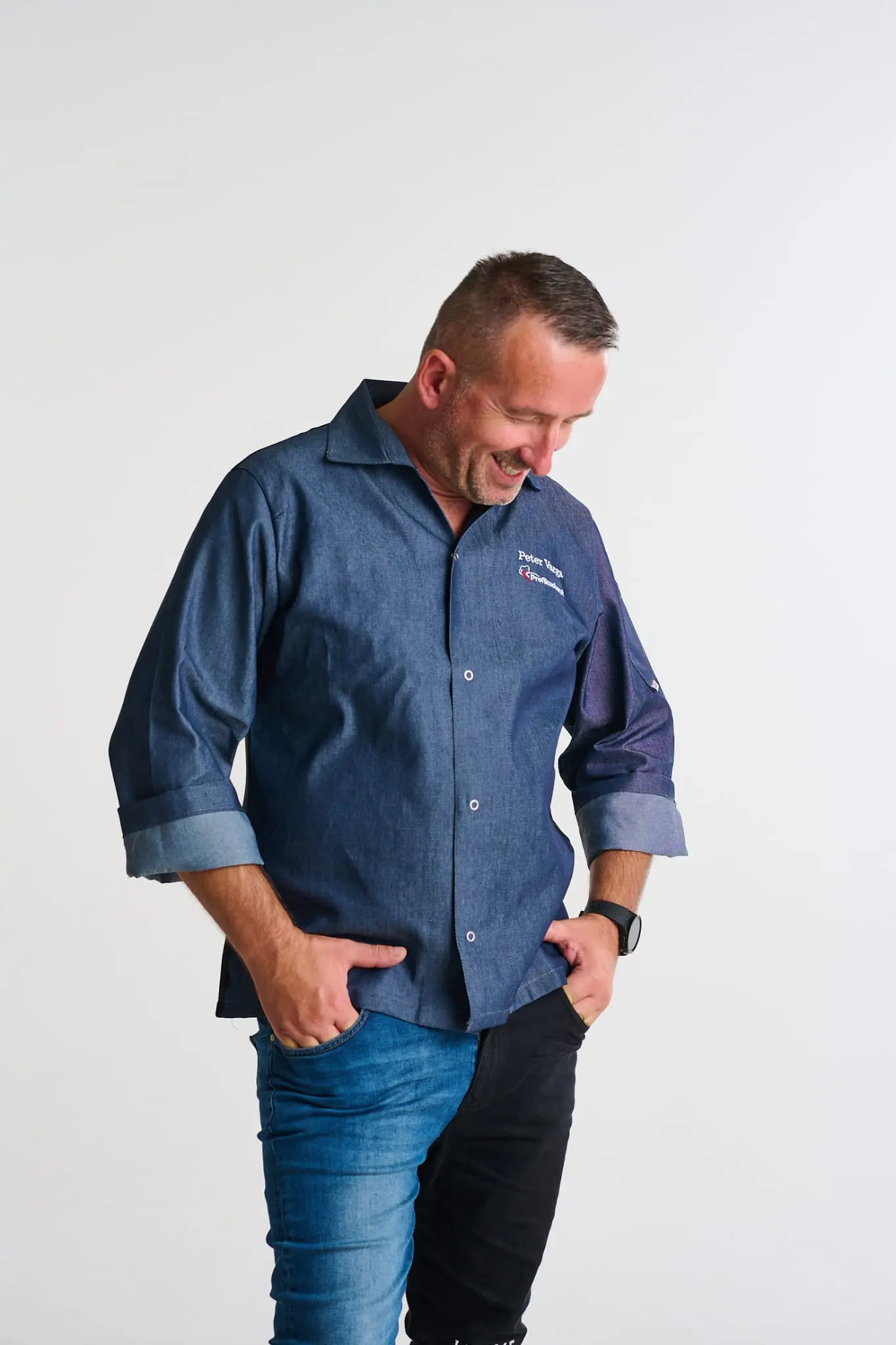 EGOCHEF Kuchařský rondon EGOchef VIP s košilovým střihem UNISEX - jeans - dlouhý rukáv