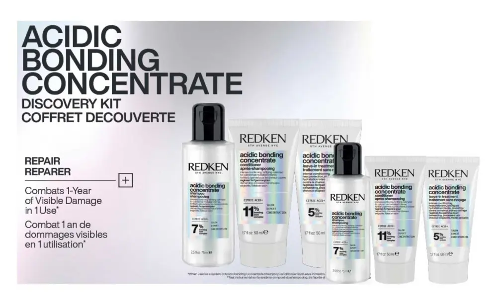 Redken Acidic Bonding Concentrate Discovery Kit – dárková sada pro poškozené vlasy, šampon 75 ml + kondicionér 50 ml + bezoplachová péče 50 ml