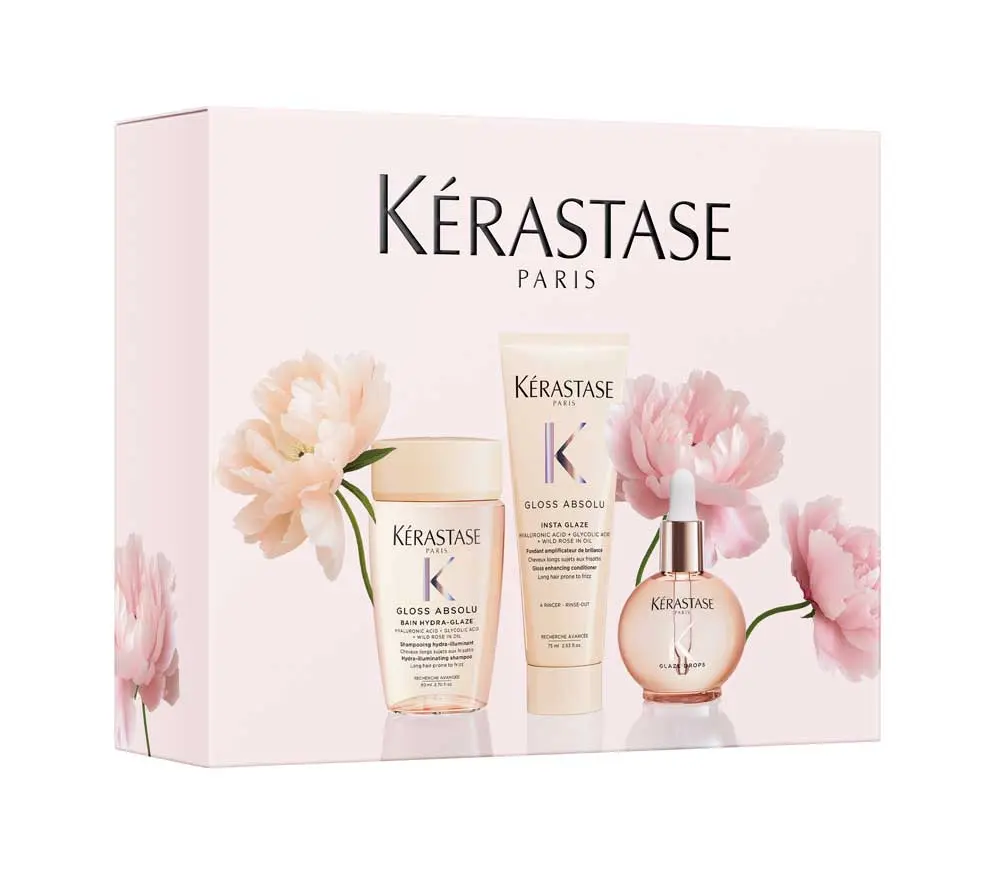 Kérastase Gloss Absolu Oil Spring Set – Bain Hydra-Gloss šampon 80 ml + Fondant Hydra-Gloss kondicionér 75 ml + Glaze Drops olej 45 ml