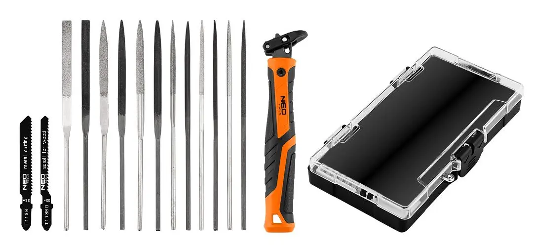NEO TOOLS 44-653 sada jehlových pilníků, diamantových pilníků a pil. plátků s rukojetí