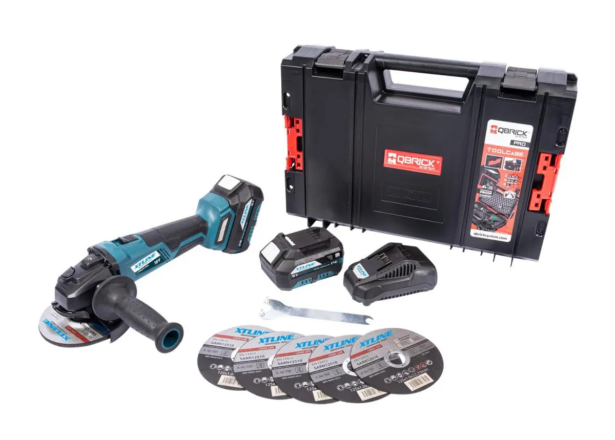XTLINE Aku úhlová bruska bezuhlíková 18 V, 125 mm + kotouče + 2 baterie 5.0 Ah + nabíječka 3.5 A + box