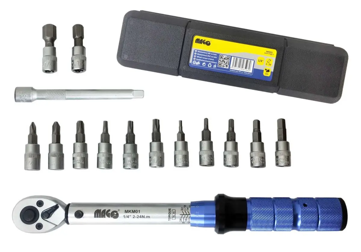 MAGG MKM01 momentový klíč 2-24 Nm 1/4" pro jízdní kola + 13 hlavic a prodloužení