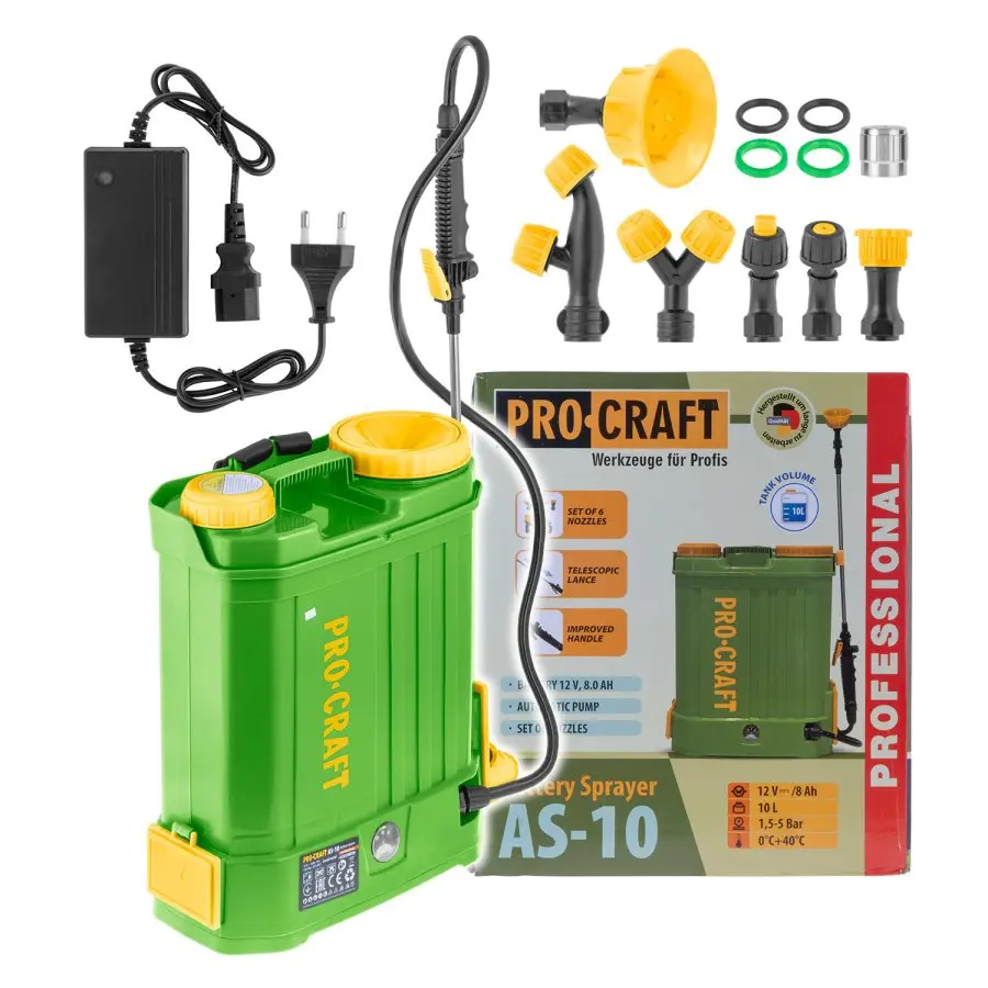 PROCRAFT AS-10 aku zádový zahradní postřikovač LiIon 12V 8Ah 10 lit.