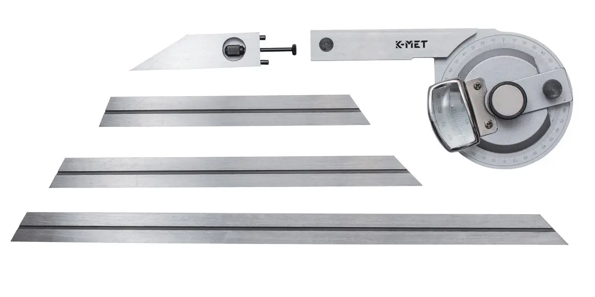 K-MET 1093 úhloměr s lupou a pravítky 80, 150, 195, 300mm 251624