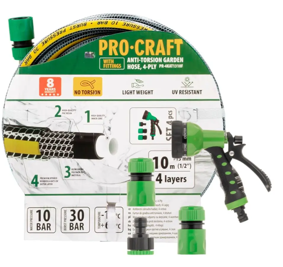 PROCRAFT PR-4KAT1310F zahradní hadice 1/2" 10m černo-žlutá s koncovkami a postřikovačem