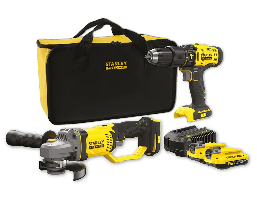 Stanley - 18V AKU sada příklepové vrtačky a úhlové brusky, 2x aku 2,0 Ah Li-Ion, nabíječka SFMCK471D2S-QW