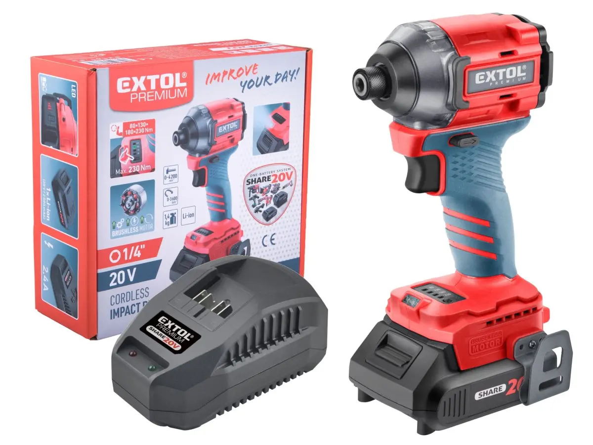 EXTOL PREMIUM 8891814 aku rázový utahovák 1/4" bezuhlíkový SHARE20V 20V LiIon 1x 2Ah