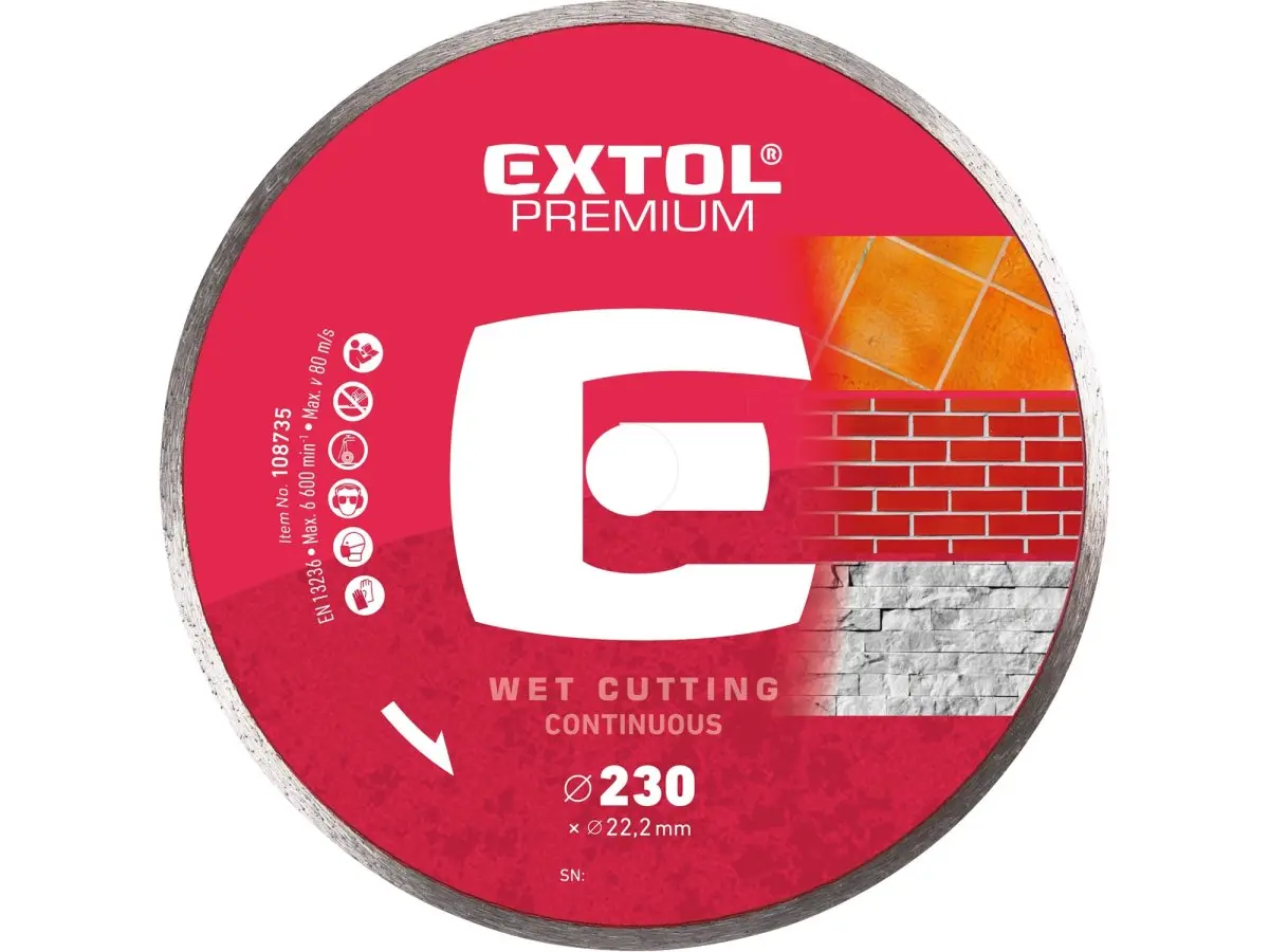 Kotouč diamantový řezný celoobvodový - mokré řezání, 230 × 22,2 × 2,8 mm EXTOL PREMIUM 108735