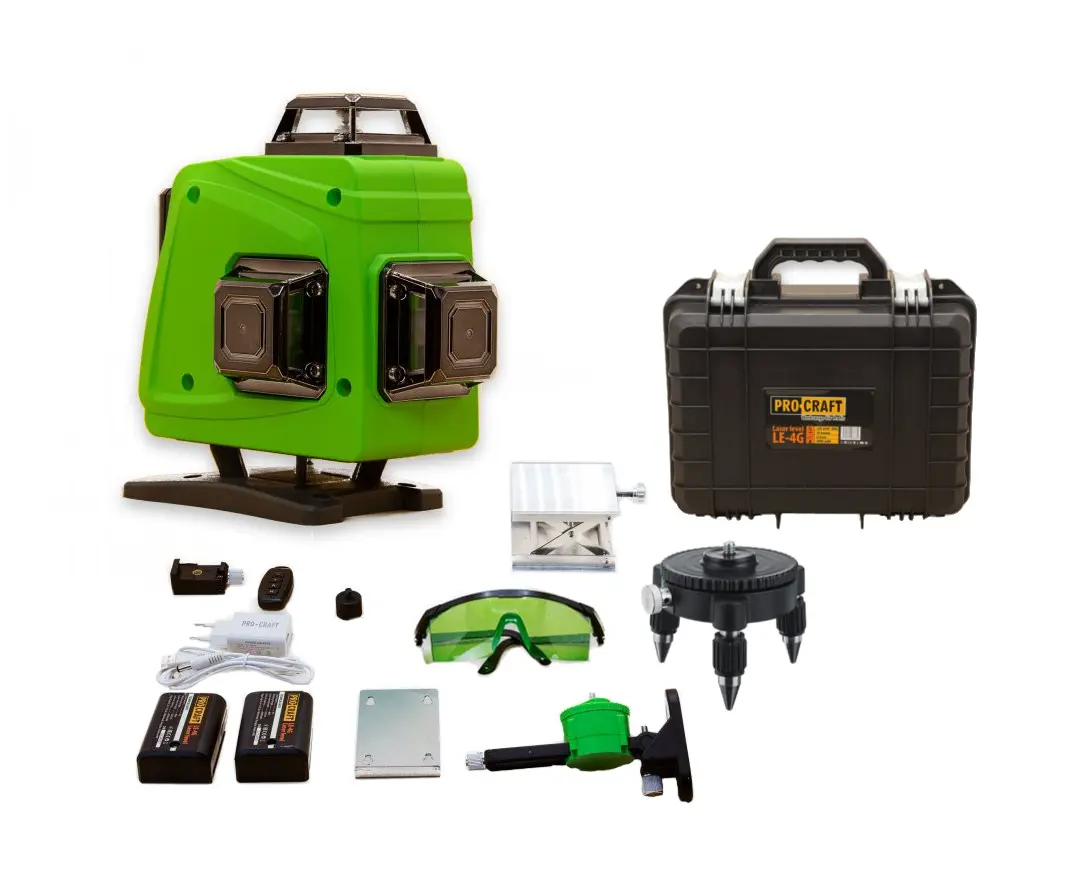PROCRAFT LE-4G křížový samonivelační 3D laser 4x 360° 40m se zeleným paprskem, LiIon 2x4Ah