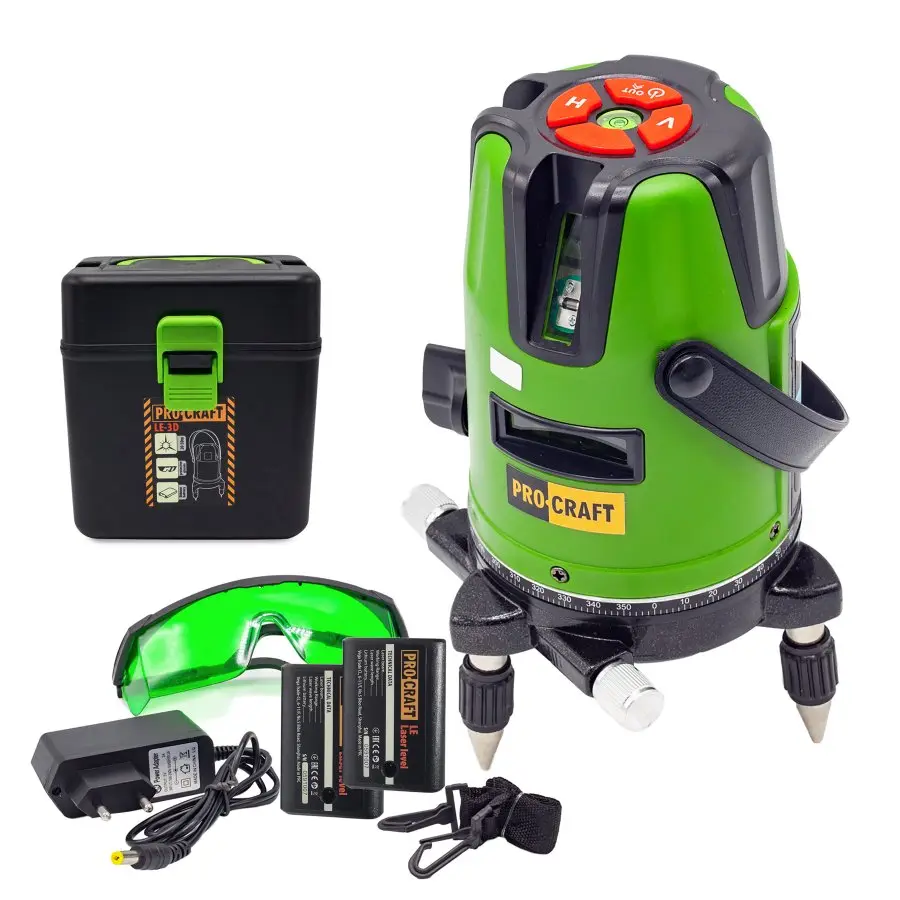 PROCRAFT LE-3D křížový samonivelační laser 50m se zeleným paprskem, 2x 2Ah LiIon