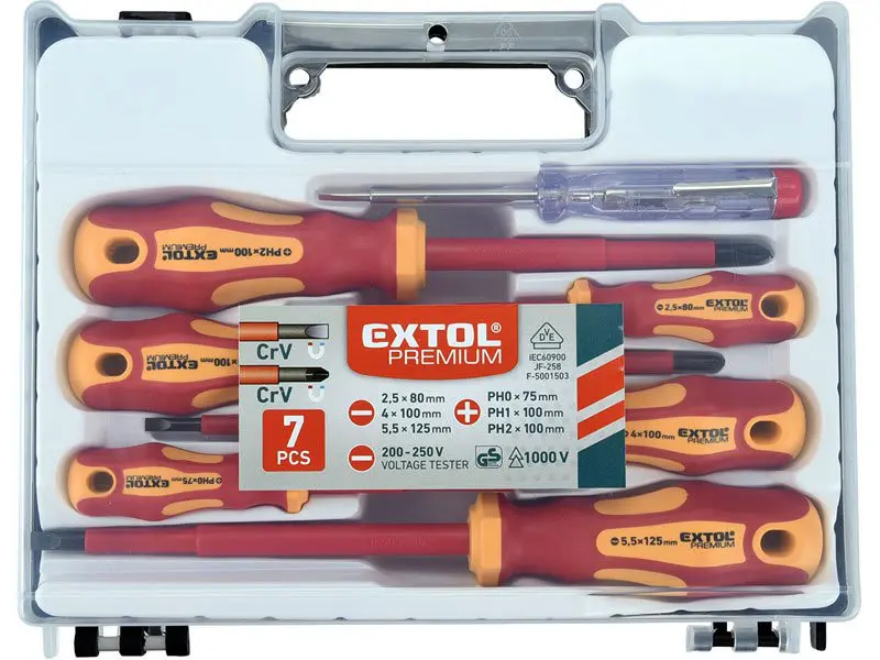 Šroubováky elektrikářské se zkoušečkou, sada 7ks, 3x(-), 3x(PH), CrV EXTOL PREMIUM 53087