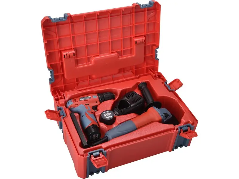 Extol Premium vrtací šroubovák aku, 12V Li-ion (2x) a bruska úhlová 125mm v plastovém boxu 8898311
