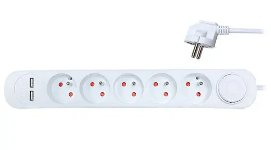SOLIGHT prodlužovací přívod, 5 zásuvek, USB 2.4A, bílý, 3 x 1mm2, vypínač, 3m