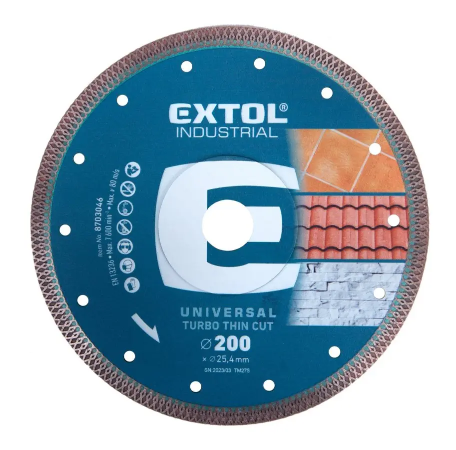 EXTOL INDUSTRIAL Kotouč diamantový řezný, turbo Thin Cut, suché i mokré řezání, O 200x25,4x2mm 8703046