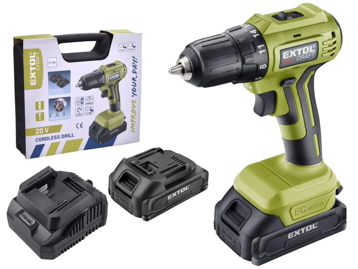 EXTOL CRAFT 402450 bezuhlíkový aku vrtací šroubovák BRUSHLESS 20V LiIon 2x2Ah