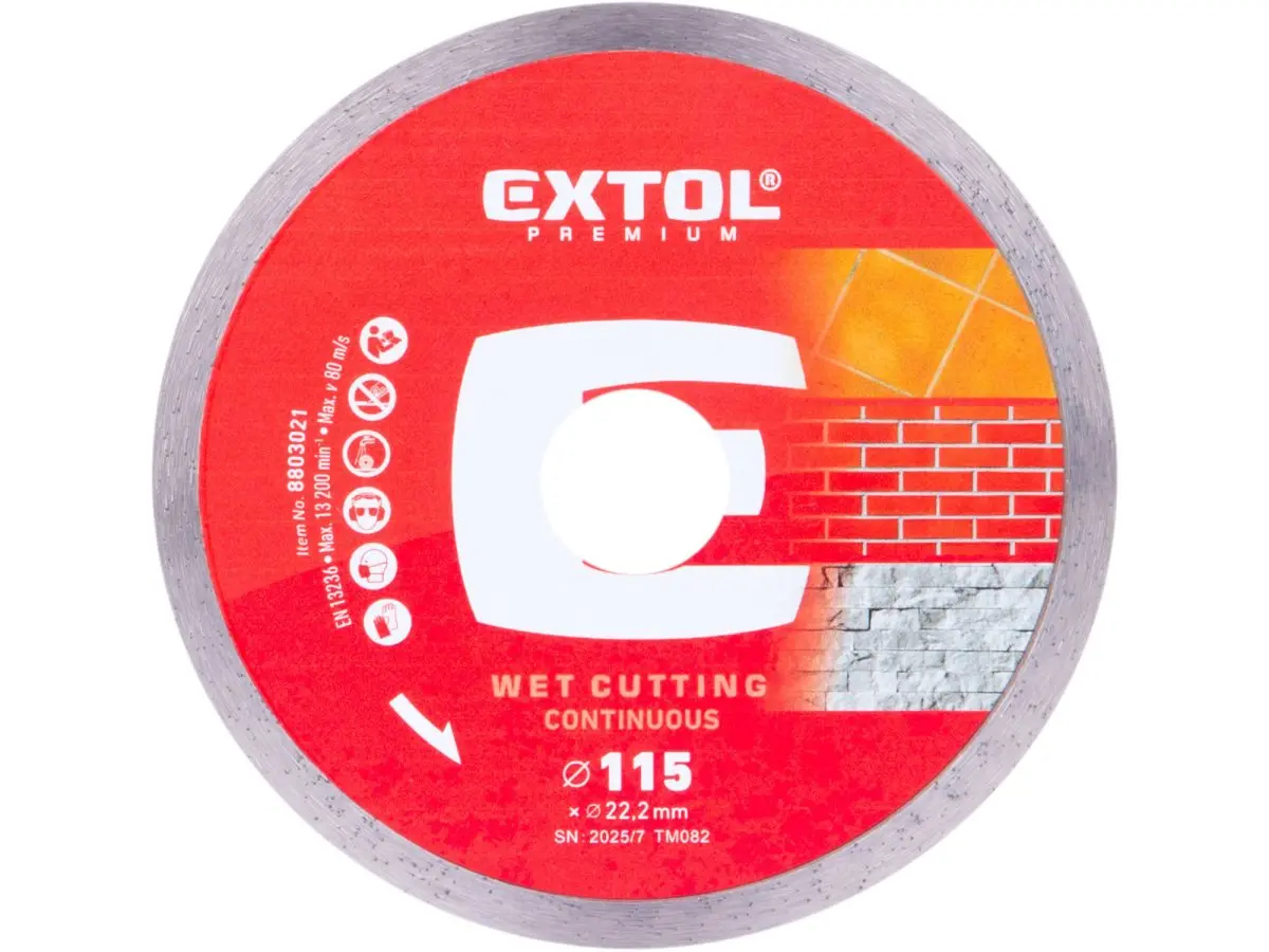 Kotouč diamantový řezný celoobv. EXTRA tenký - mokré řezání, O 115x22,2x1,1mm, EXTOL PREMIUM 8803021