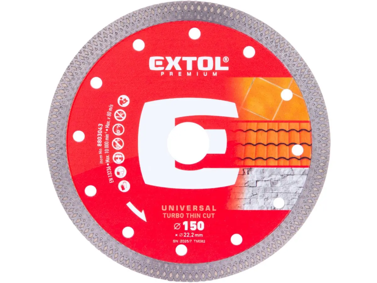Kotouč diamantový řezný, turbo Thin Cut, suché i mokré řezání, O 150x22,2x1,6mm, EXTOL PREMIUM 8803043