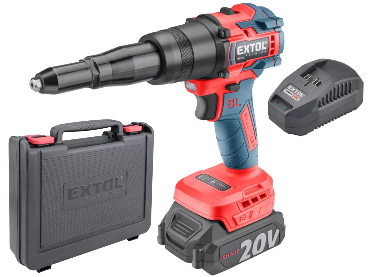 EXTOL PREMIUM 8891868 pistole nýtovací aku SHARE20V, BRUSHLESS LiIon 2Ah