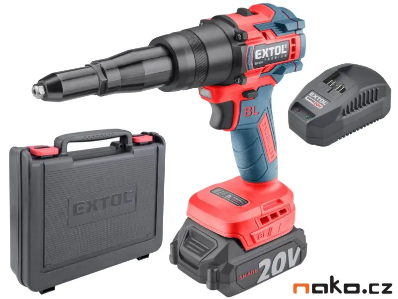 EXTOL PREMIUM pistole nýtovací aku SHARE20V, BRUSHLESS, 2Ah 8891868