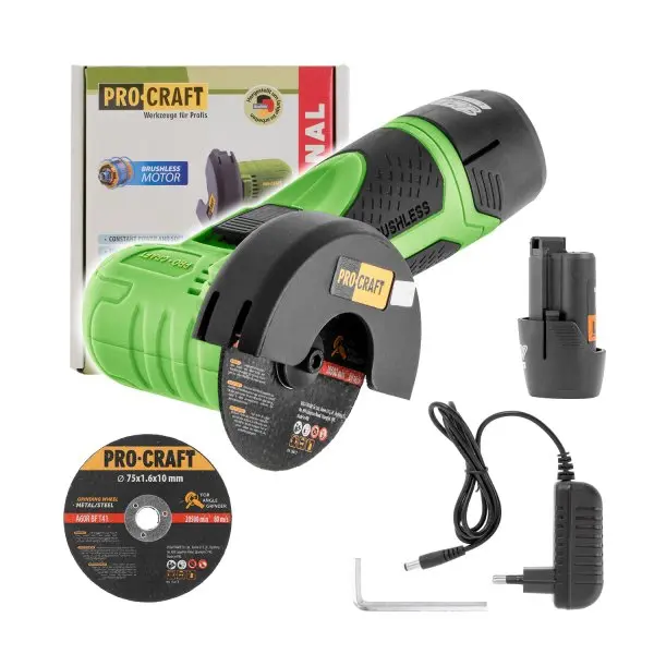 Procraft PGA12 12V SET - akumulátorová úhlová bruska (s 2,0 Ah akumulátorem a nabíječkou)