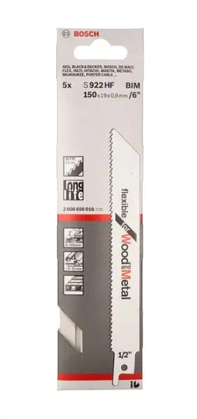 BOSCH sada pilových listů do ocasky 150mm S 922 HF na dřevo a ocel 2608656016, 5ks