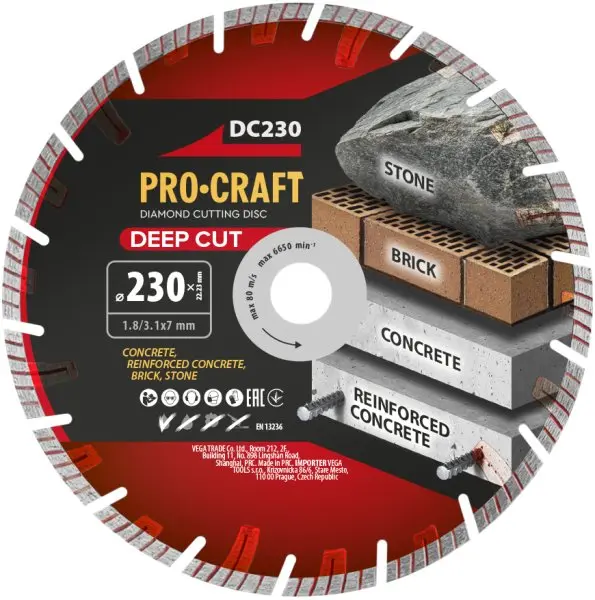 PROCRAFT DC230 diamantový řezný kotouč Deep Cut segmentový na železobeton, kámen, cihly