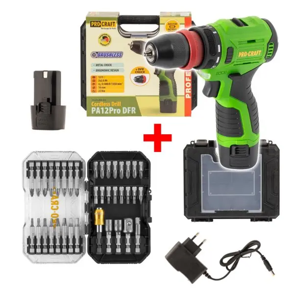 PROCRAFT PA12Pro DFR-2B-C+BS-37 vrtací aku šroubovák LiIon 12V 2x 2Ah se sadou bitů