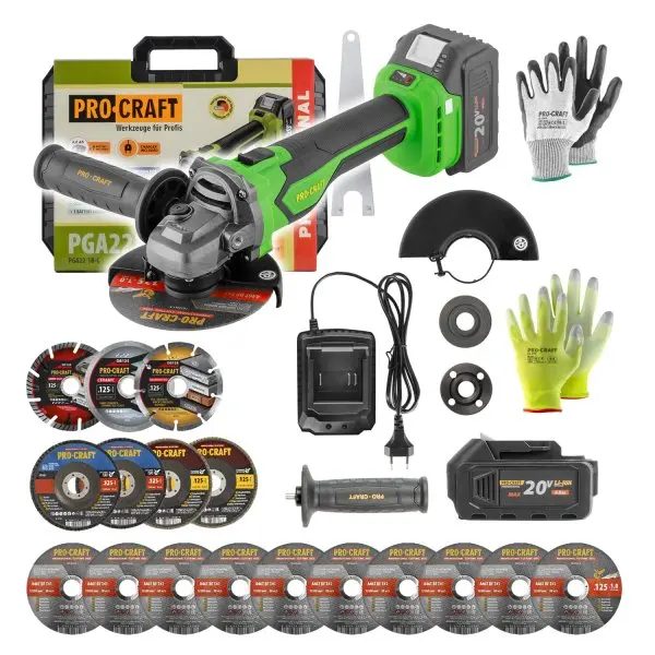 Procraft PGA22 20V - akumulátorová úhlová bruska (s 4,0 Ah akumulátorem a nabíječkou)
