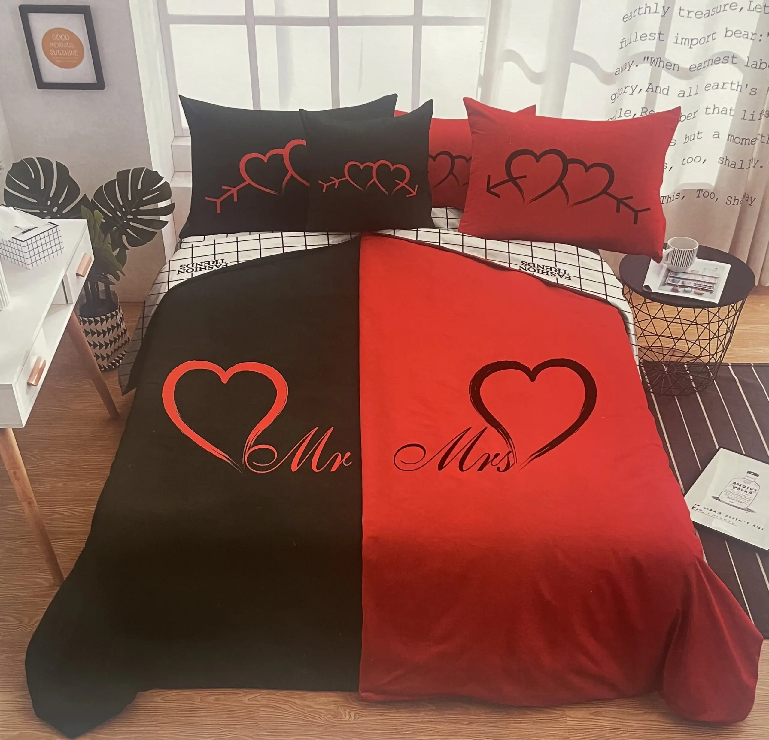 6 dílné Povlečení polycotton Mr  Mrs red 200x140cm + 90x70 cm TiaHome