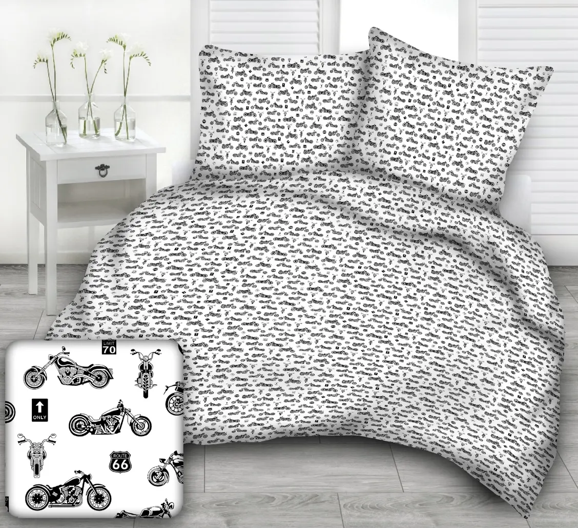 Povlečení bavlněné Motorky TiaHome - 1x Polštář 90x70cm, 1x Přikrývka 140x200cm