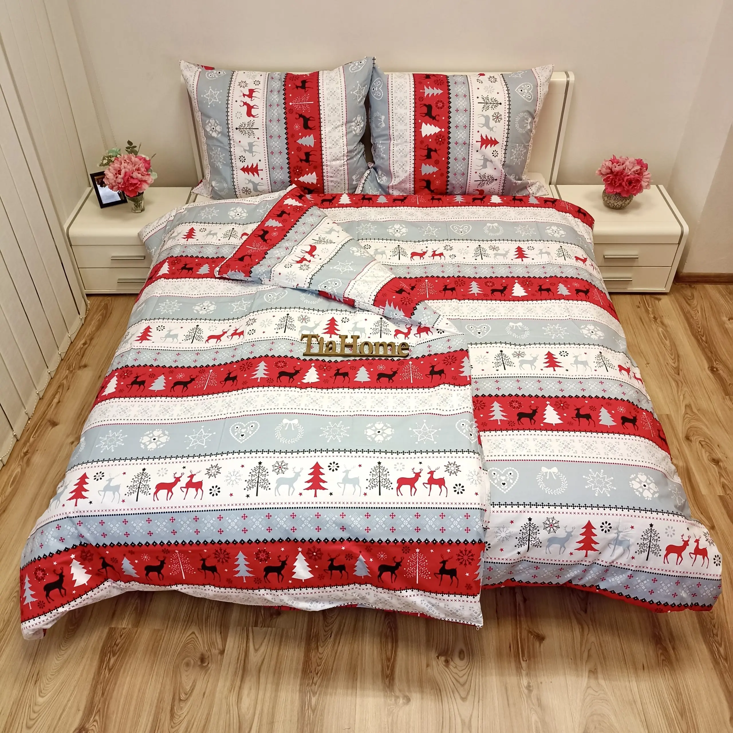 Povlečení bavlněné Vánoční Snowman červené TiaHome - 1x Polštář 90x70cm, 1x Přikrývka 140x200cm