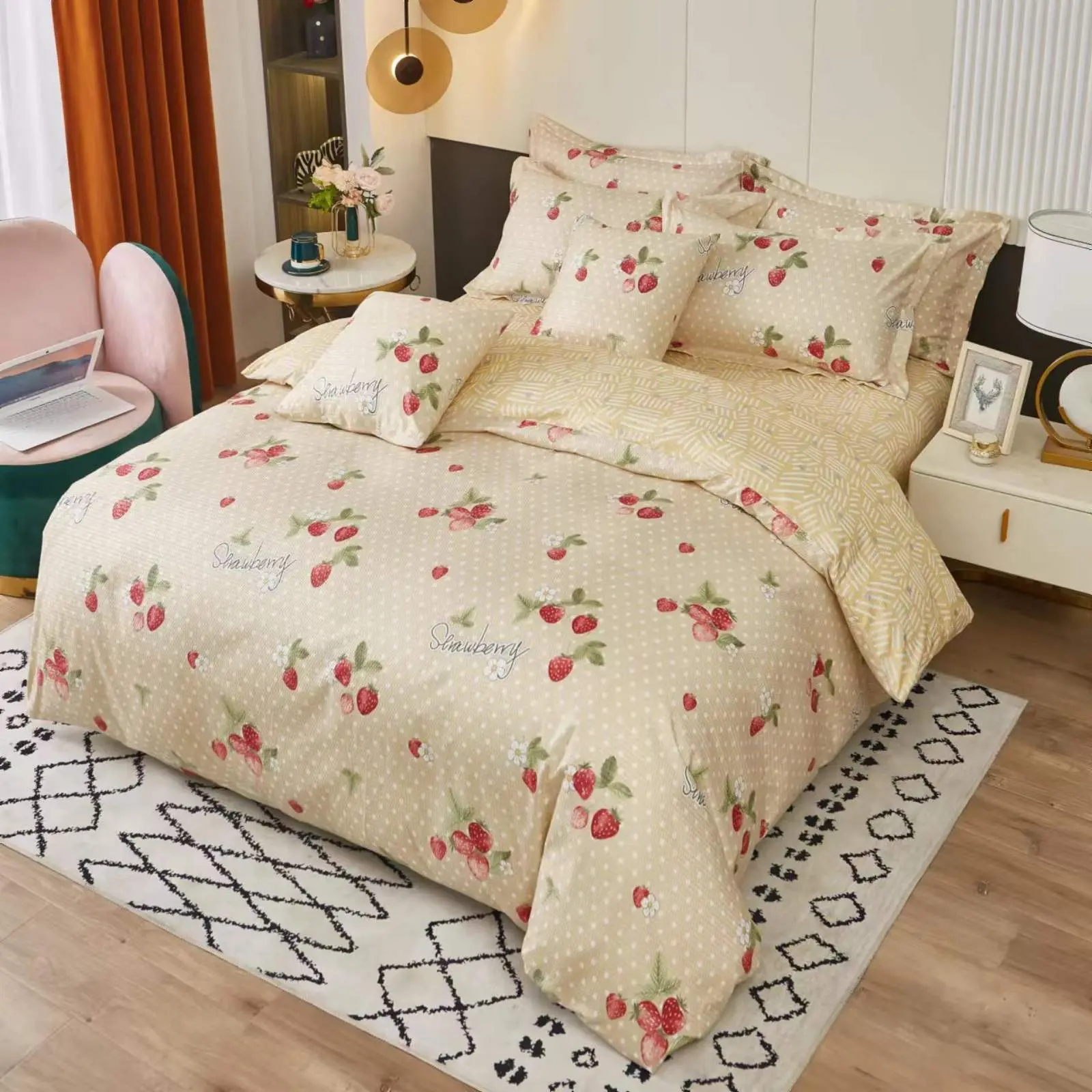 3 dílné povlečení Krepové polycotton Strawberry béžové 200x140cm+90x70cm TiaHome