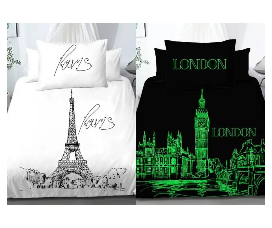 Svítící povlečení bavlněné Deluxe 3D den v Paříži noc v Londýně 200x140cm+90x70cm TiaHome