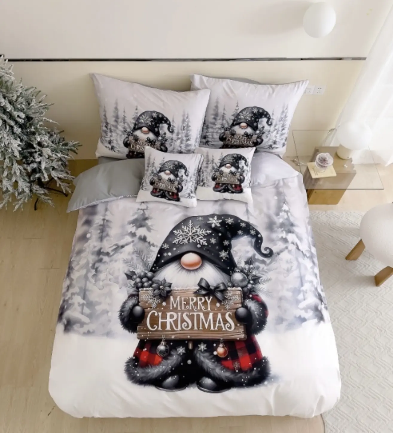 3 dílné Vanoční-Flanelové Povlečení 3D polycotton  šedý Trpaslík 200x140+ 90x70 cm TiaHome